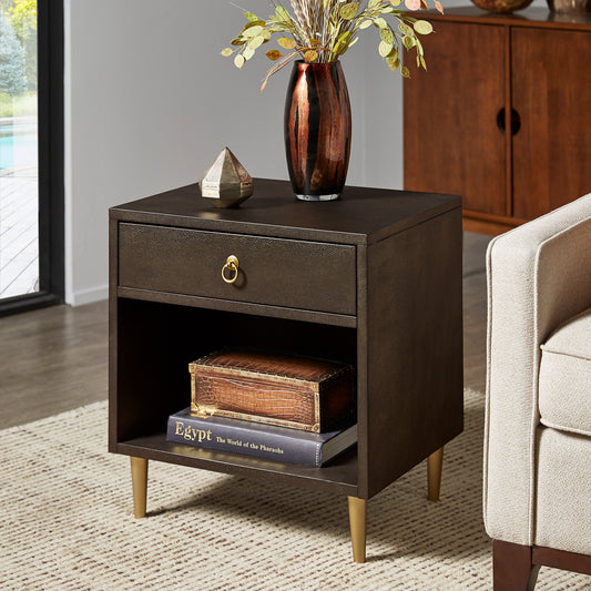 Gold Finish Metal Dark Brown Faux Shagreen 1-drawer Side Table