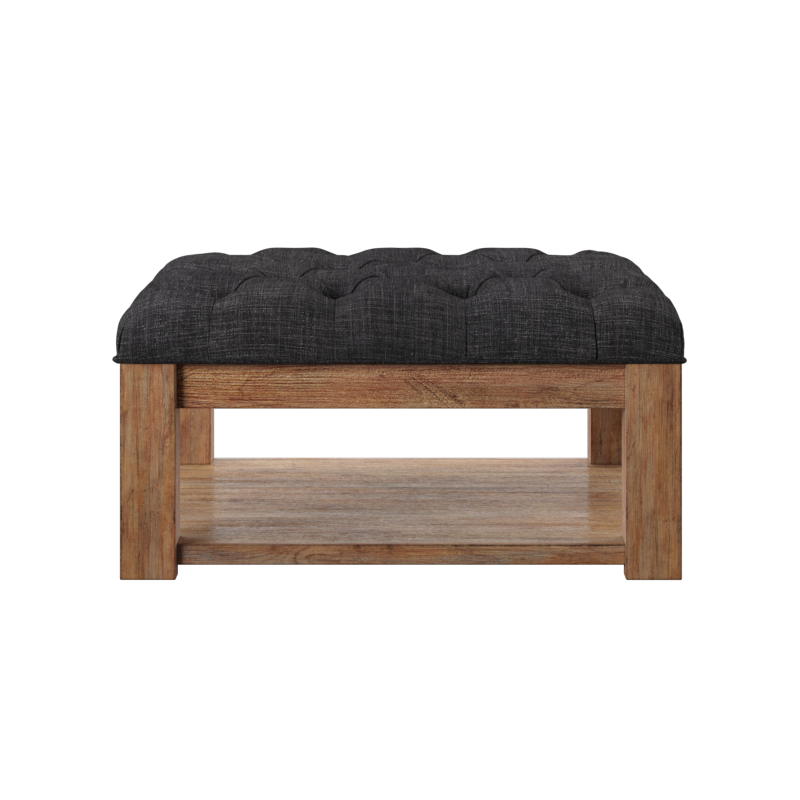 Pine Square Storage Ottoman Coffee Table - Dark Gray Linen, Button Tufts