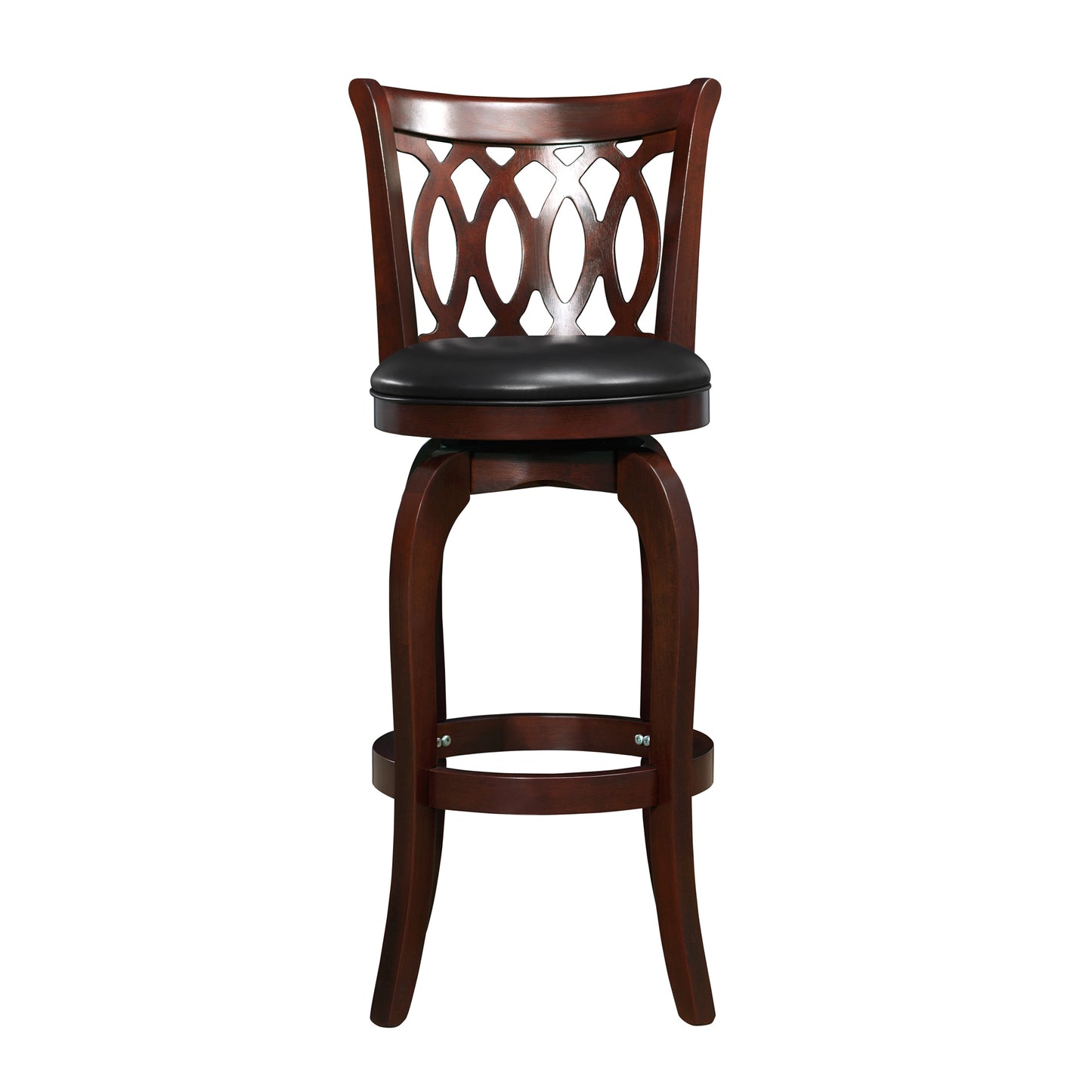 Scroll Back Swivel Stool - 29" Bar Height, Cherry Finish, Black Faux Leather