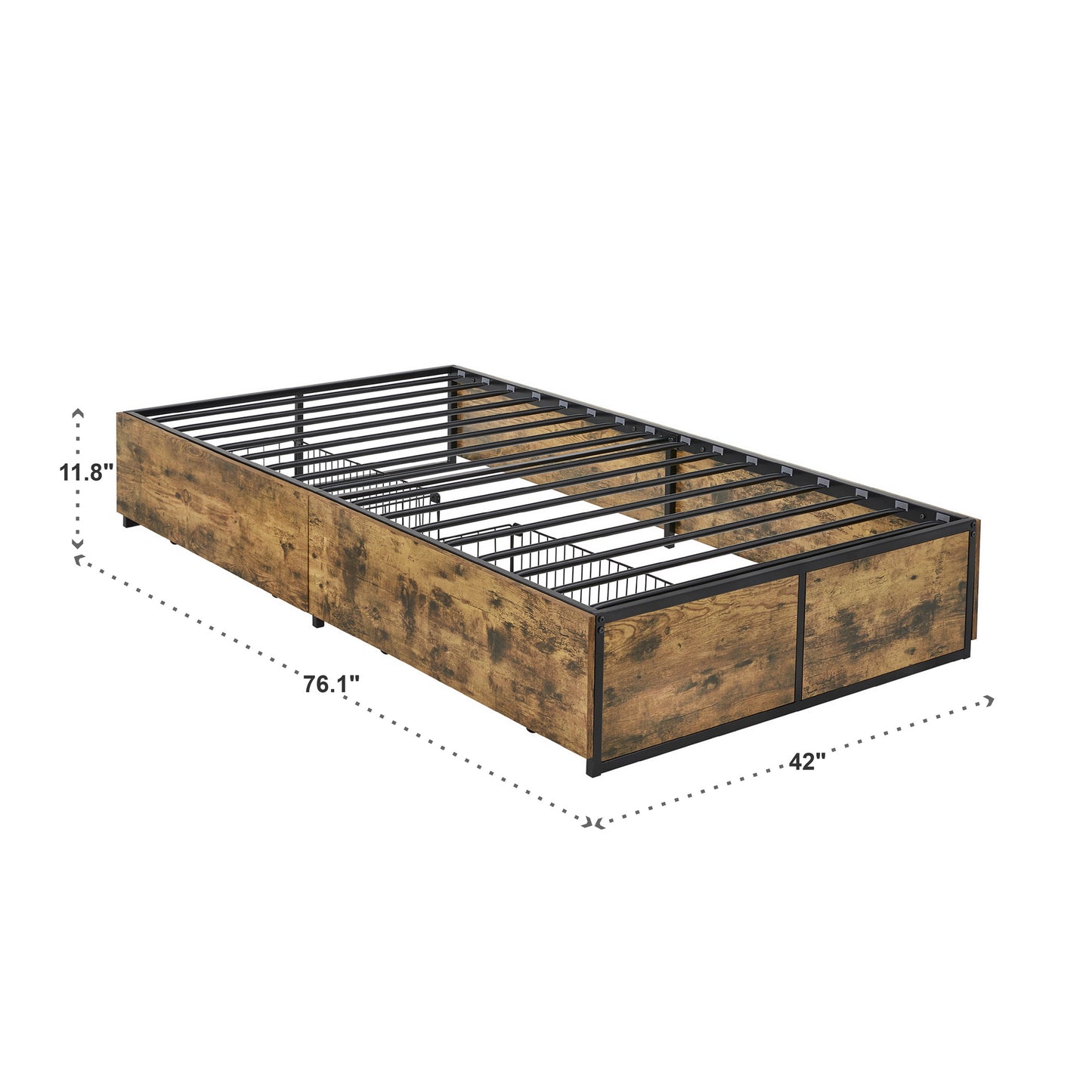 Wood Finish Panel Black Metal Platform Bed with Storage Drawers - Twin Size with 2 Wire Storage Drawers (Twin Size)