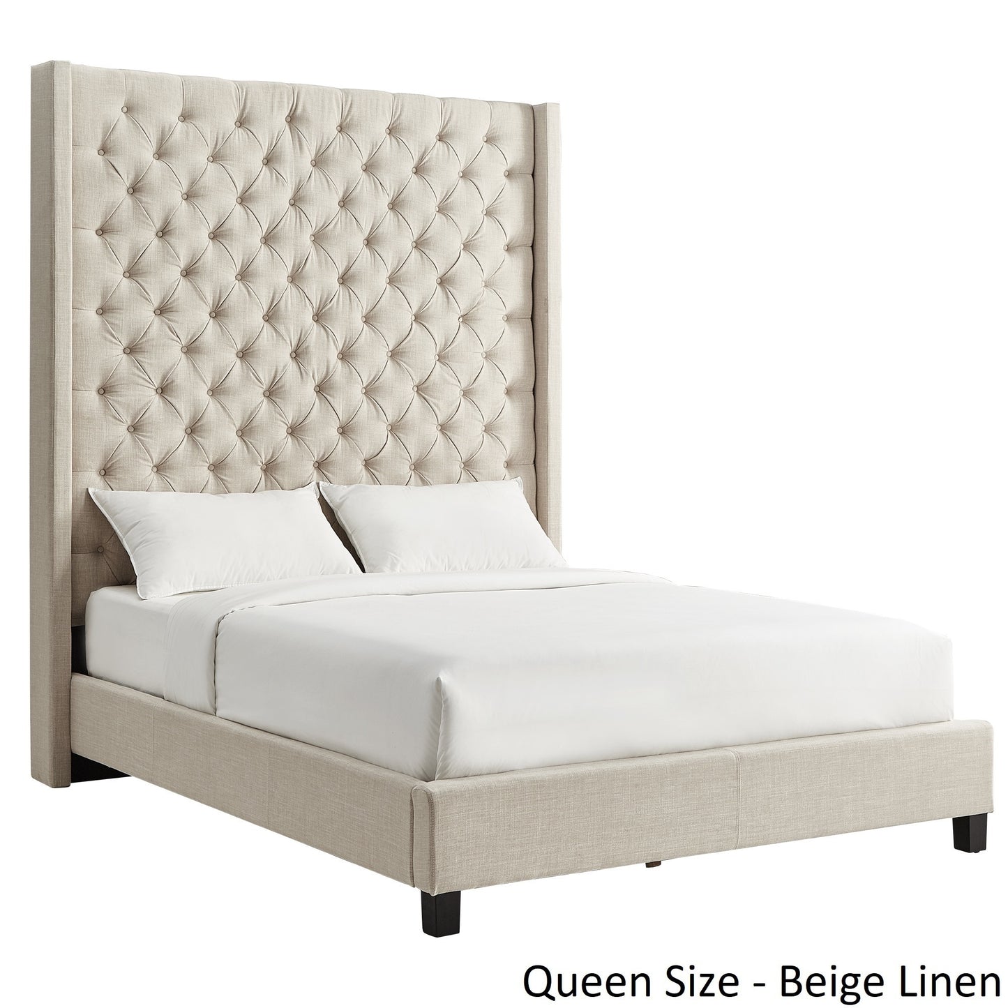 Wingback Button Tufted High Headboard Platform Bed - Beige Linen, Queen