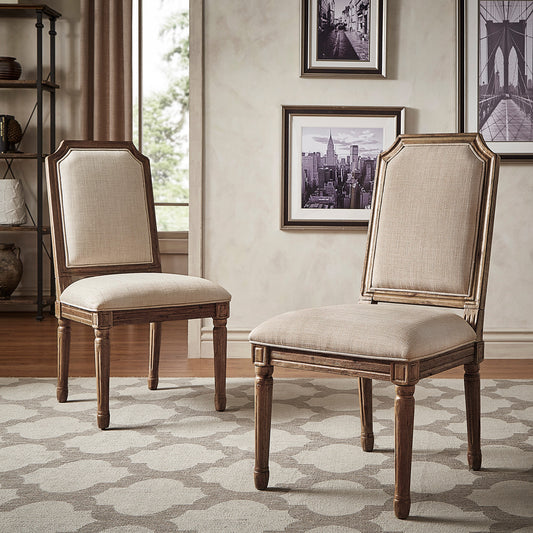 Arched Linen and Wood Dining Chairs (Set of 2) - Beige Linen, Brown Finish