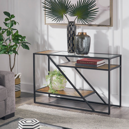 Black Metal Parquet Wood and Glass Sofa Table