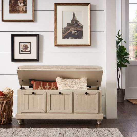 Storage Bench with Linen Seat Cushion - Antique White Finish