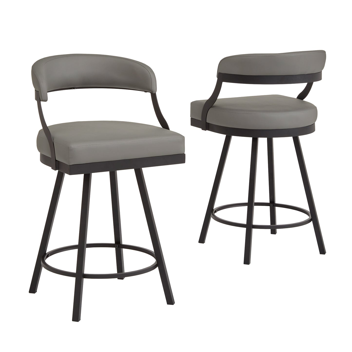 Black Finish Metal Vegan Leather Swivel Chair (Set of 2) - 24 in. Counter Height, Gray