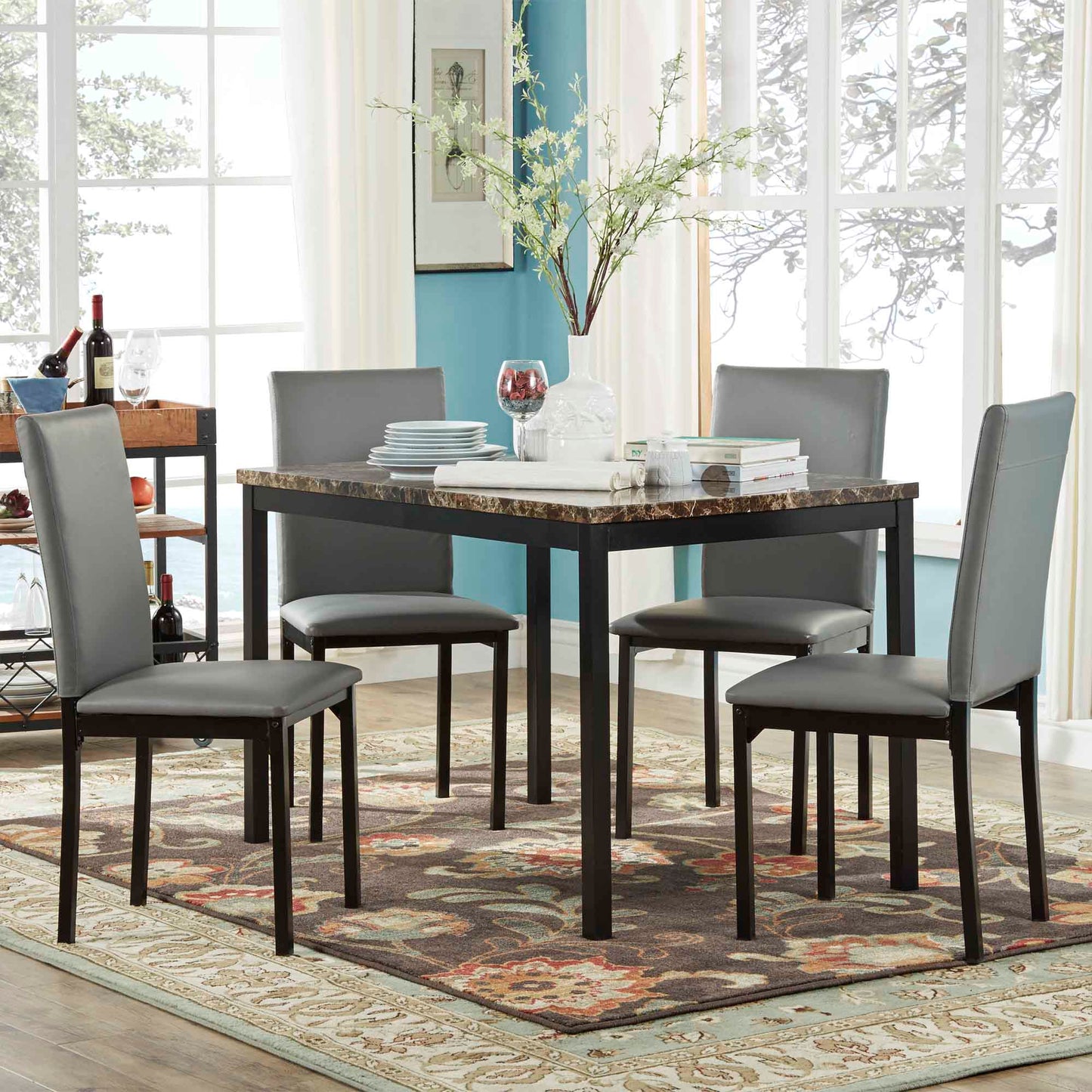 Faux Marble Top 5-Piece Dining Set - Brown Faux Marbla, Gray Faux Laathar