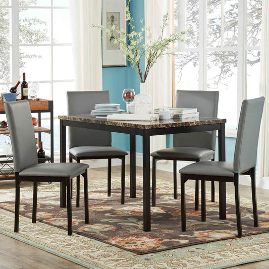 Faux Marble Top 5-Piece Dining Set - Brown Faux Marbla, Gray Faux Laathar