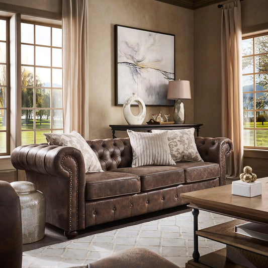 Tufted Scroll Arm Chesterfield Sofa - Brown Bonded Leather