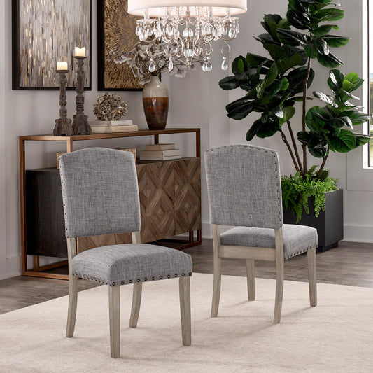 Linen Nailhead Chairs (Set of 2) - Antique Gray Finish, Gray Linen