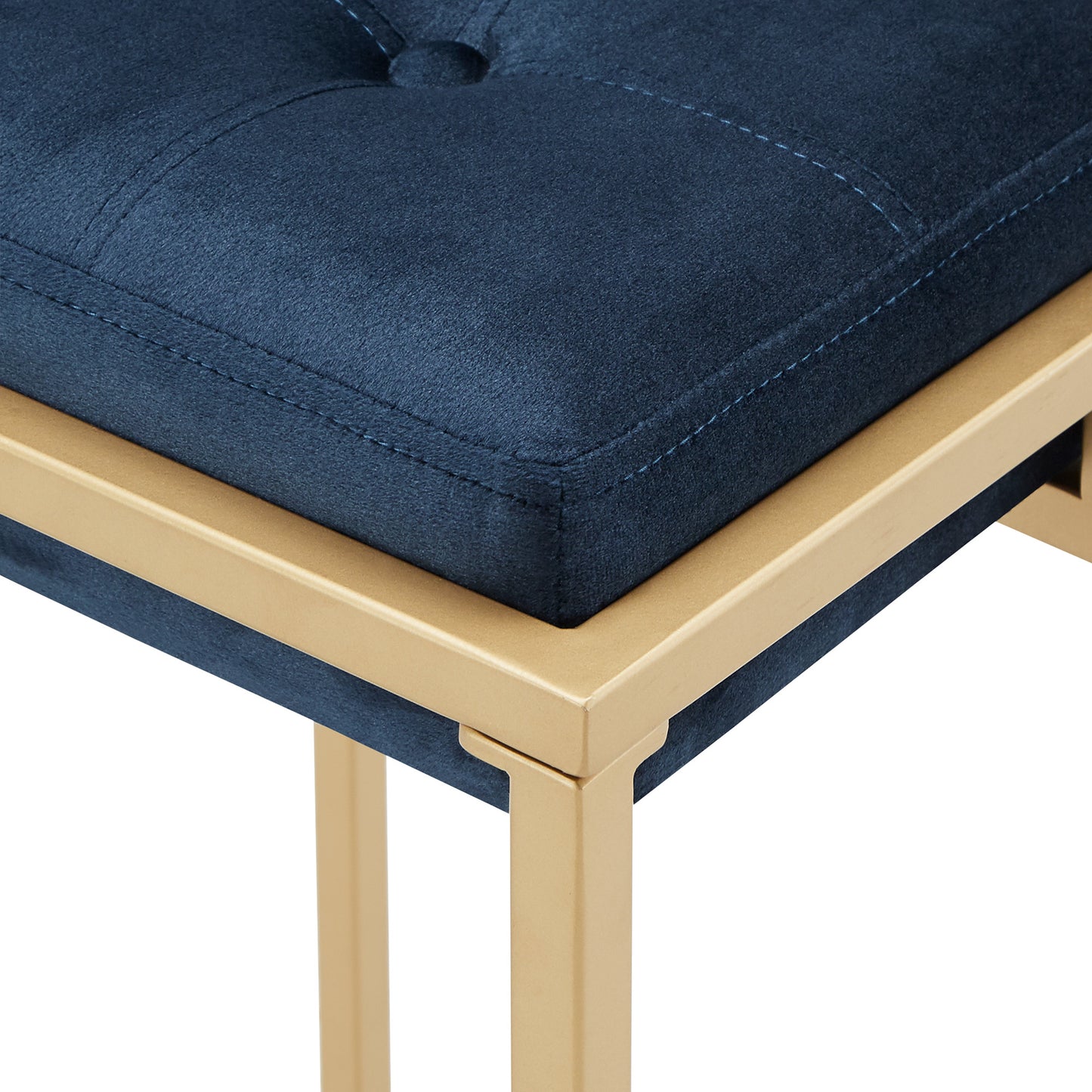 Gold Finish Velvet Button Tufted Bar Stools (Set of 2) - Blue Velvet, 24" Counter Height