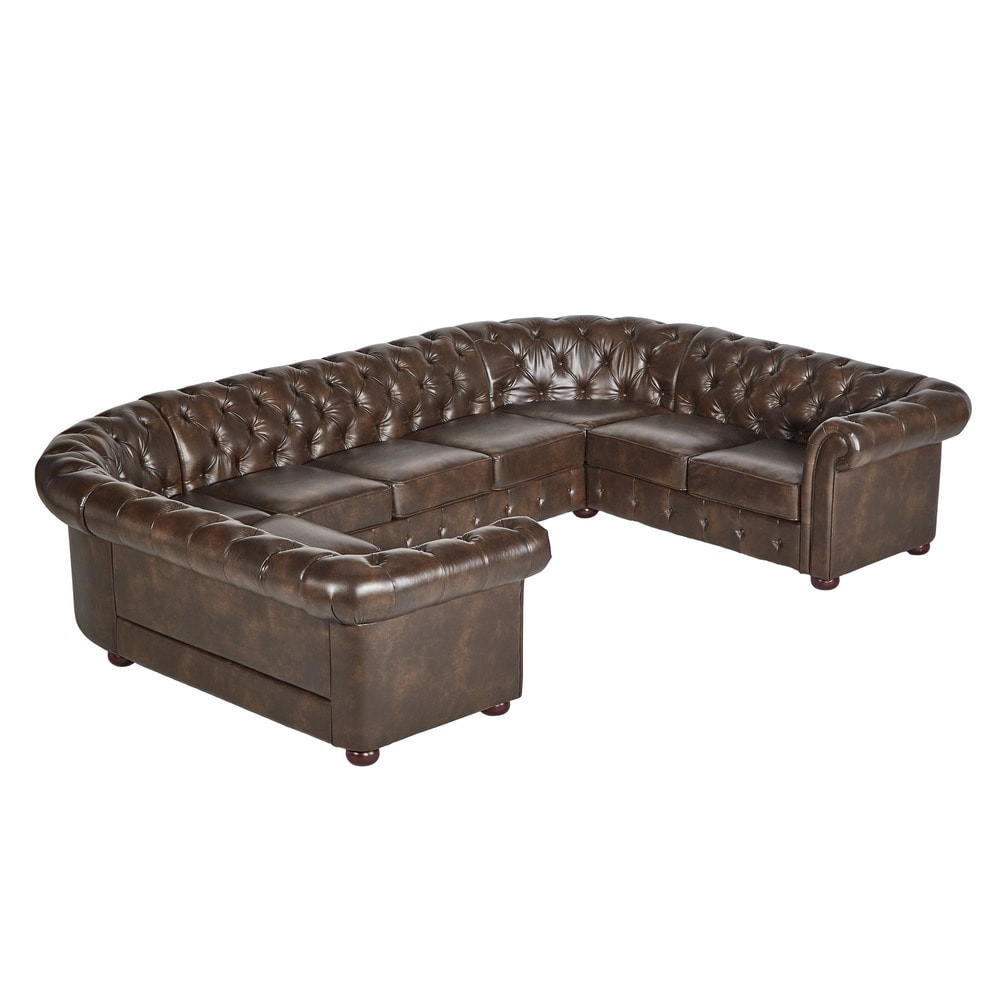 9-Seat U-Shaped Chesterfield Sectional Sofa - Brown Bonded Leather