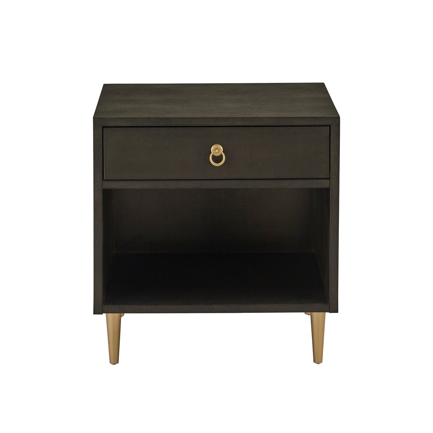 Gold Finish Metal Dark Brown Faux Shagreen 1-drawer Side Table