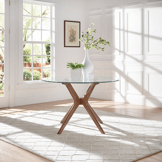 Mid-Century Walnut Finish Round Dining Table - Glass Top