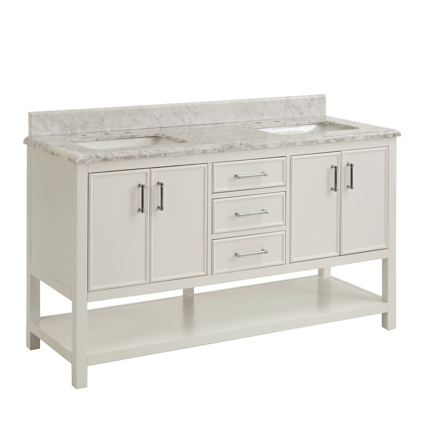 Bathroom Sink Vanity with White Marble Veneer Stone Top - 60", Double Sinks, White with Chrome Finish Hardware