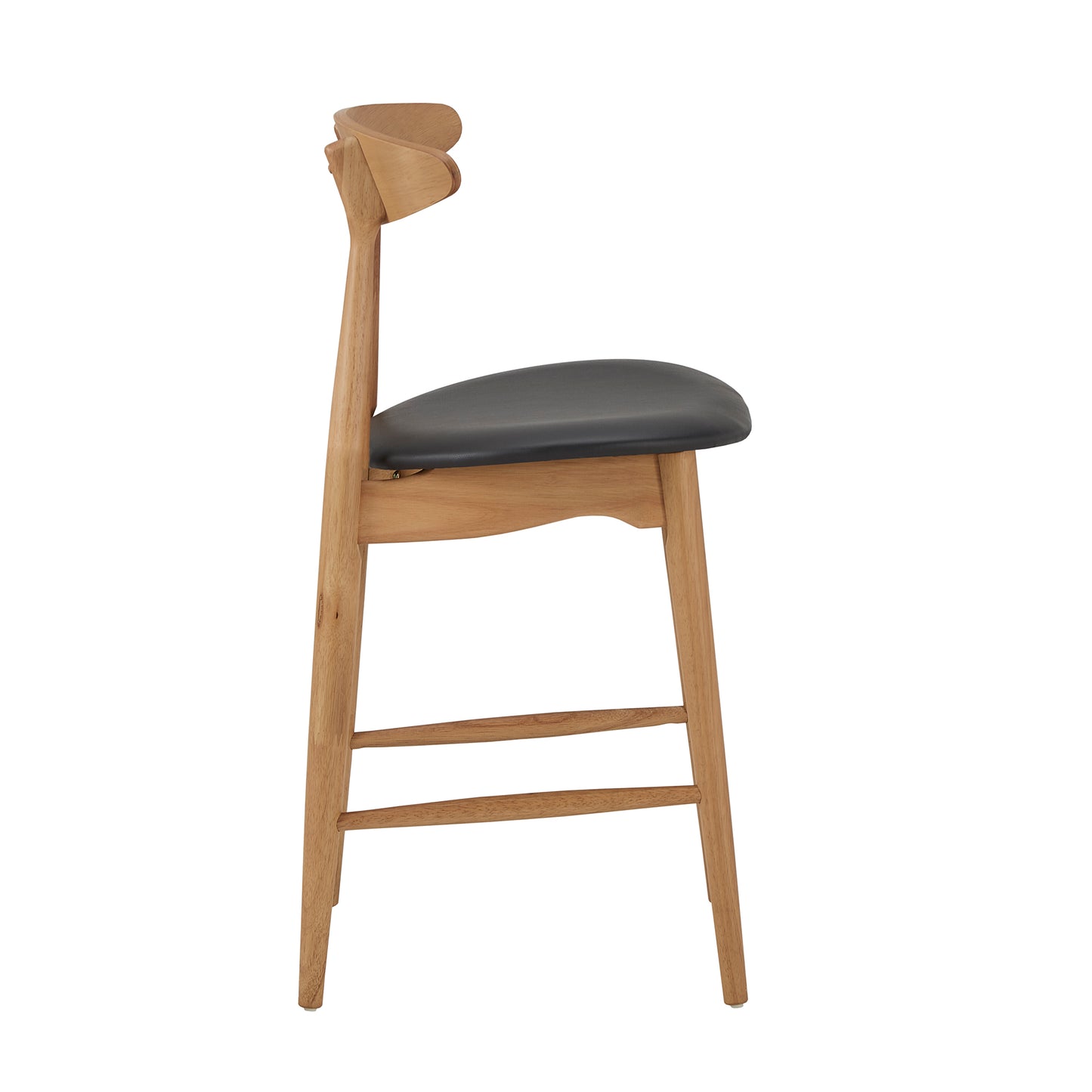 Mid-Century Wood Counter Height Stools (Set of 2) - Natural Finish, Black Faux Leather