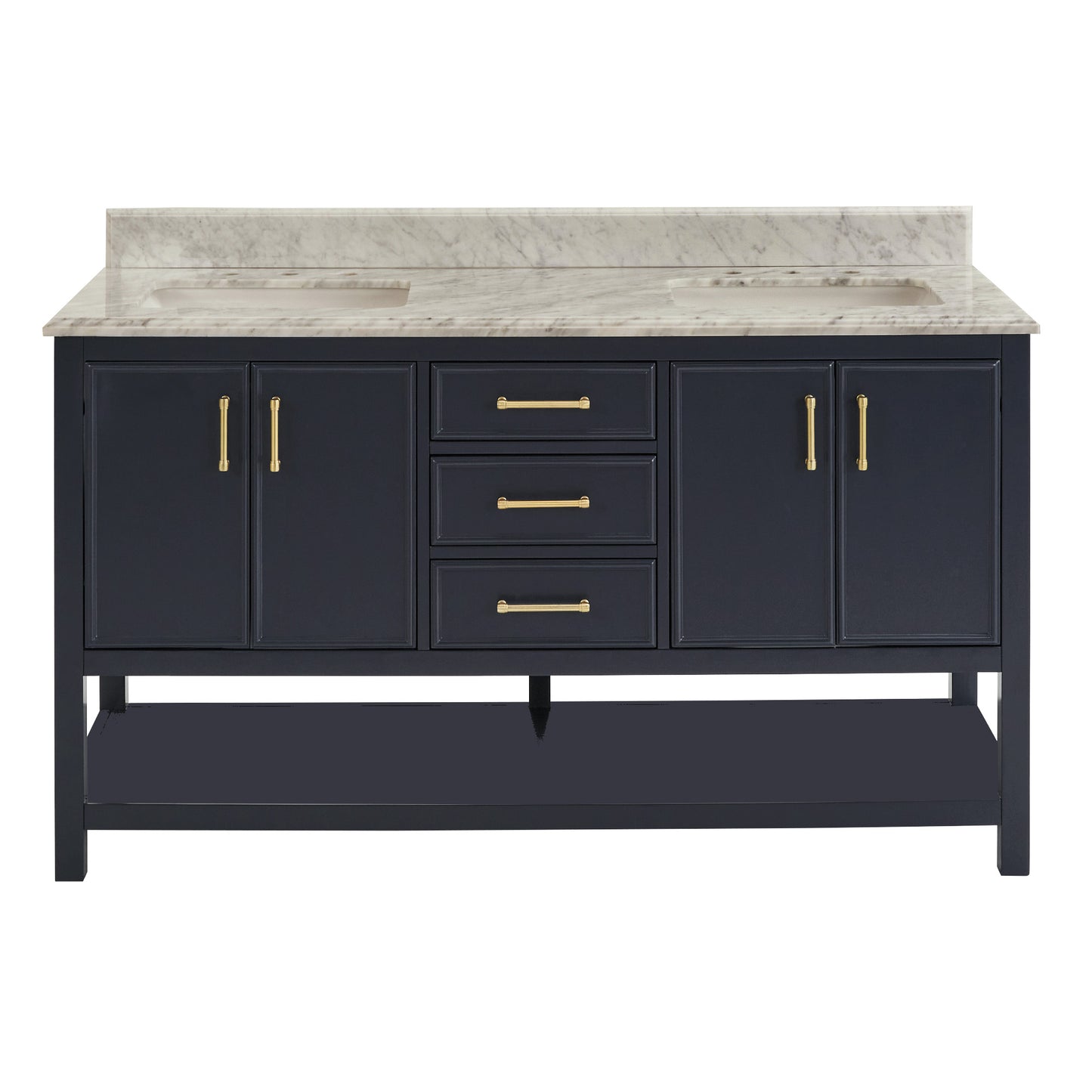 Bathroom Sink Vanity with White Marble Veneer Stone Top - 60", Double Sinks, Navy Blue with Gold Finish Hardware