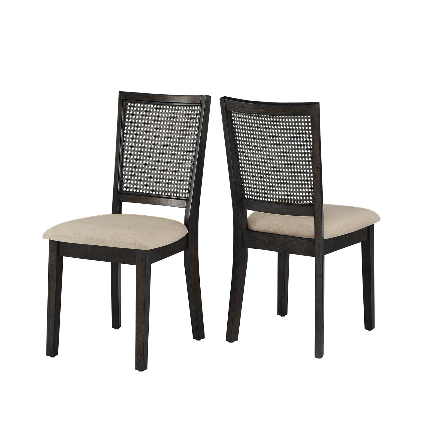 Antique Black Beige Linen Rattan Back Dining Chairs (Set of 2)