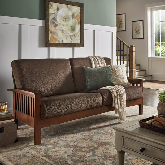 Mission-Style Wood Sofa - Dark Brown Fabric, Oak Finish