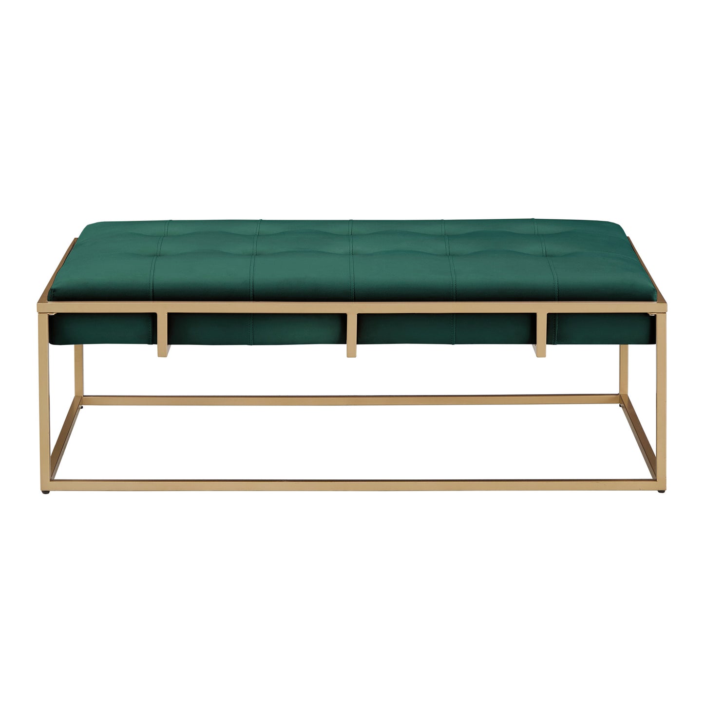 Gold Finish Velvet Button Tufted Rectangular Ottoman - Dark Green, Rectangular