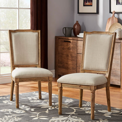 Ornate Linen and Wood Dining Chairs (Set of 2) - Beige Linen, Natural Finish