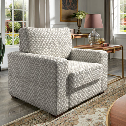 Modern Fabric Upholstered Square Arm Sofa - Living Room Chair, White and Gray Herringbone Pattern Fabric