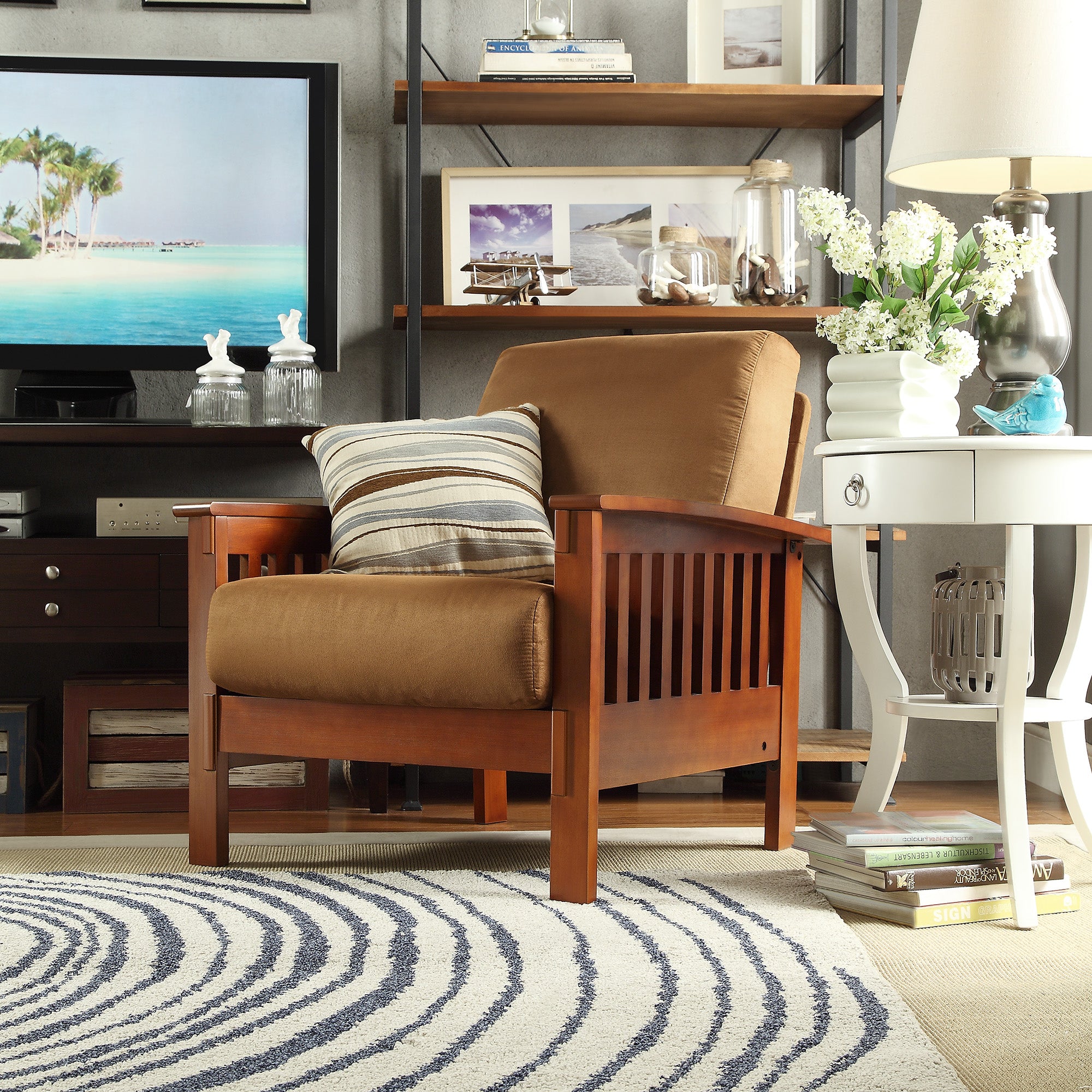 Mission Style Wood Accent Chair Rust Microfiber Oak Finish