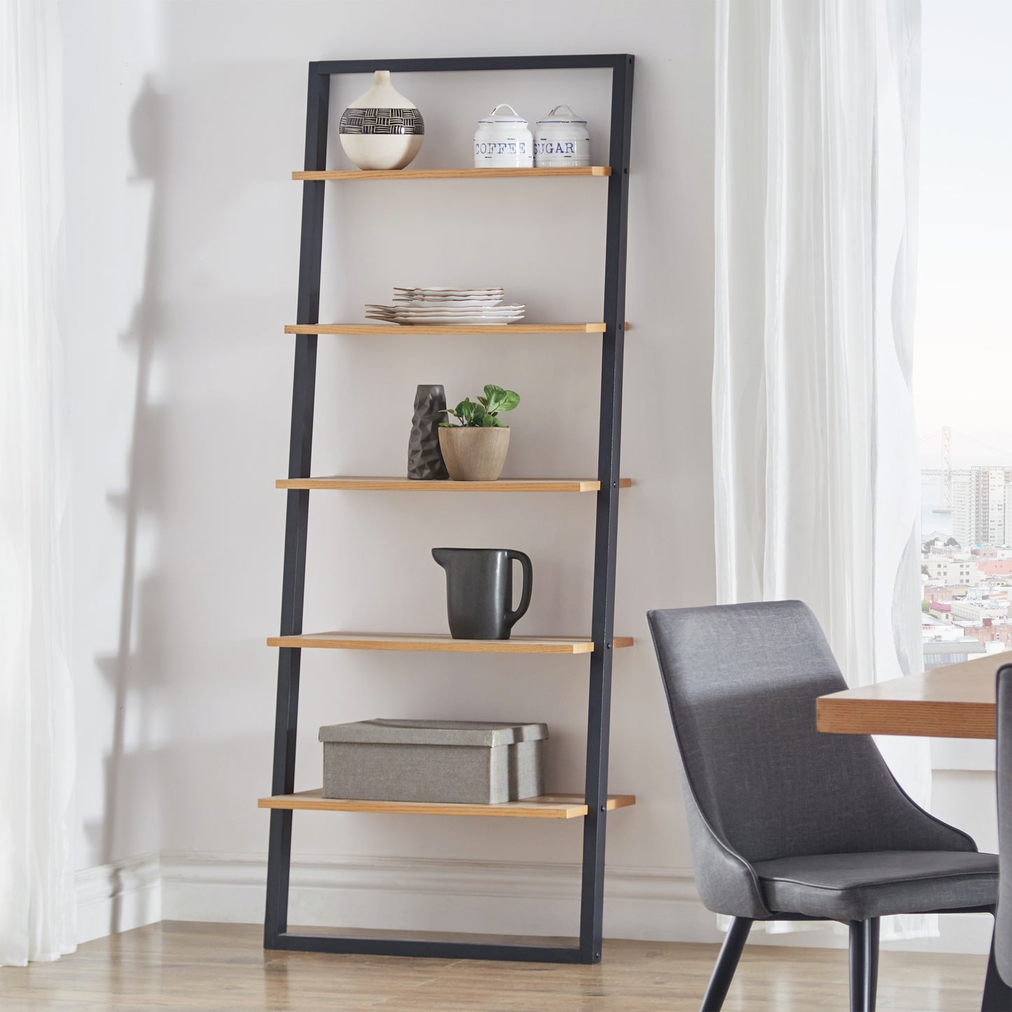 Two-Tone Leaning Ladder Bookcase - Black and Oak Finish