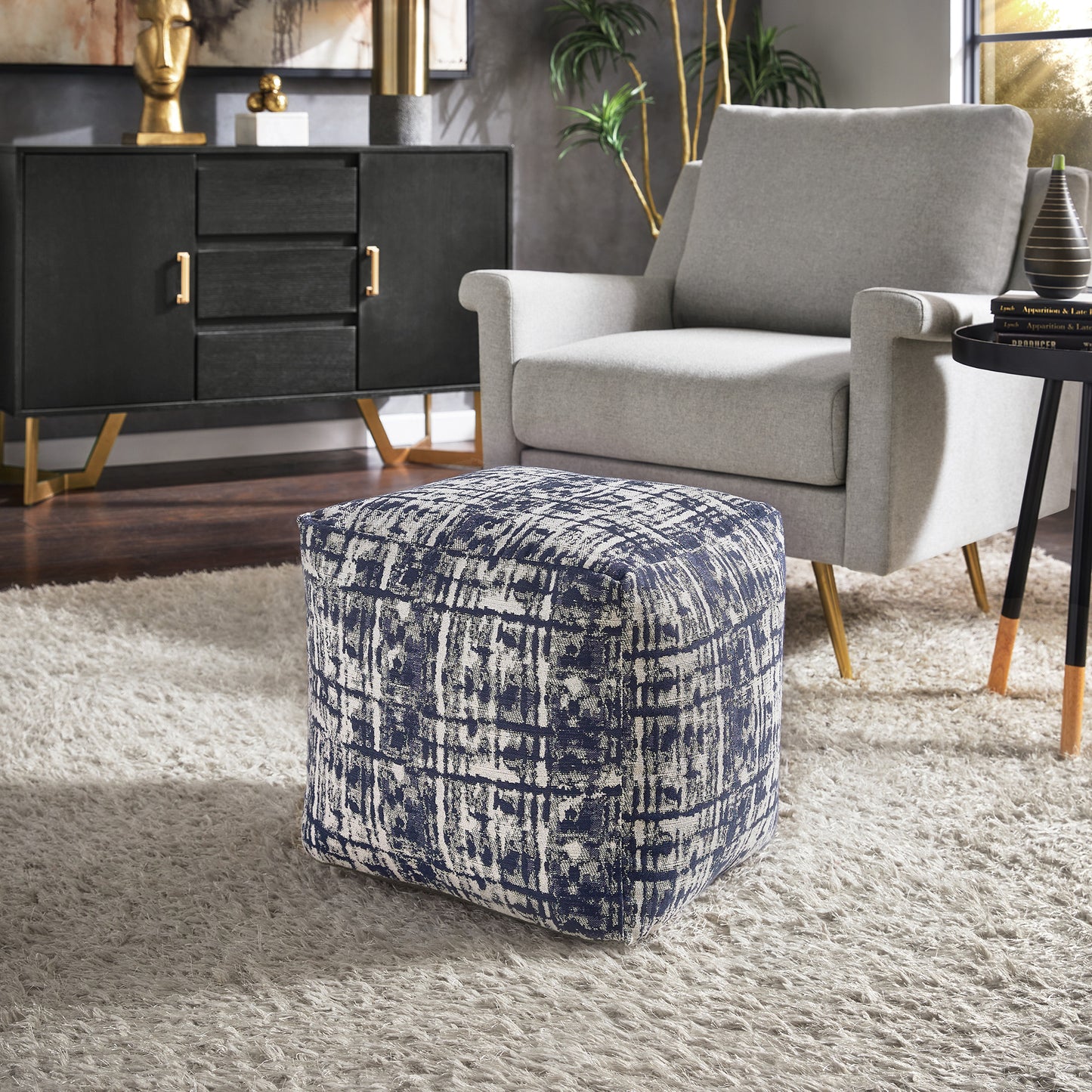 Upholstered Square Pouf Ottoman - Blue & Ivory Abstract Pattern Fabric