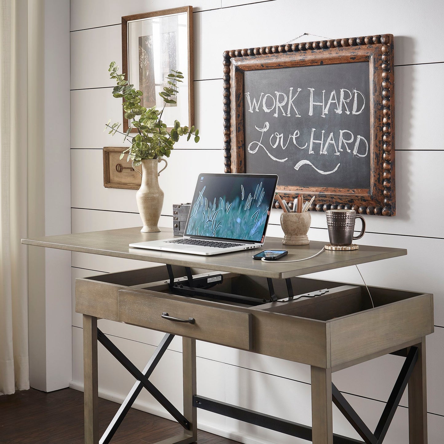 Lift Top Desk with Charging Station - Gray