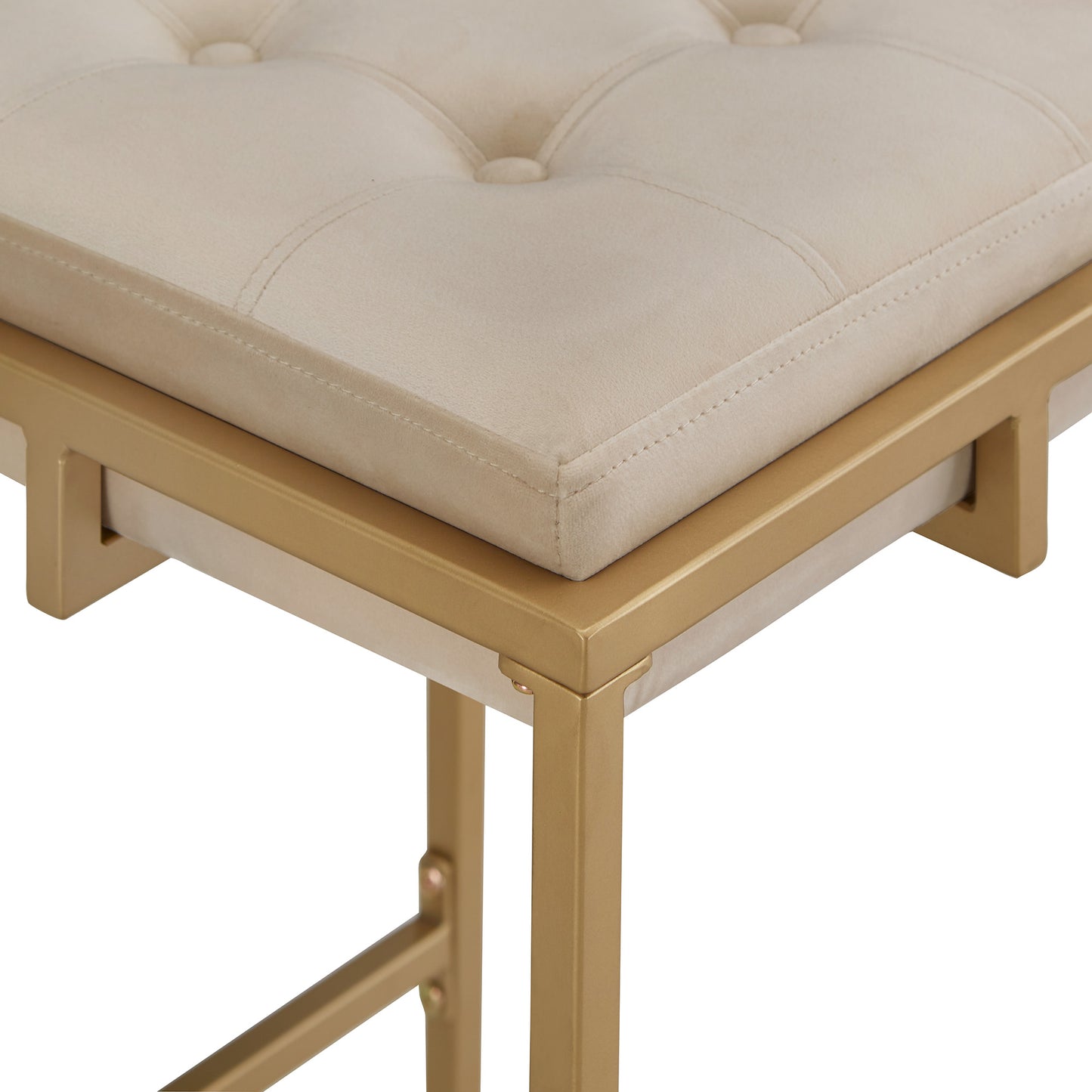 Gold Finish Velvet Button Tufted Bar Stools (Set of 2) - Beige Velvet, 24" Counter Height