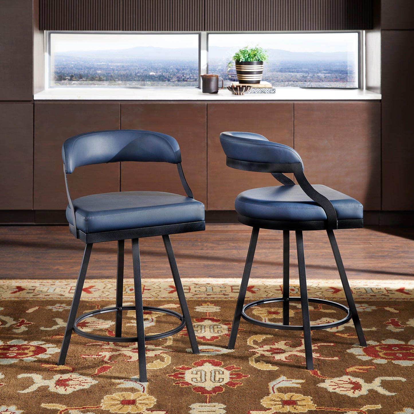 Black Finish Metal Vegan Leather Swivel Chair (Set of 2) - 24 in. Counter Height, Blue