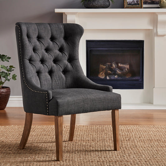 Upholstered Button Tufted Wingback Chair - Dark Gray Linen