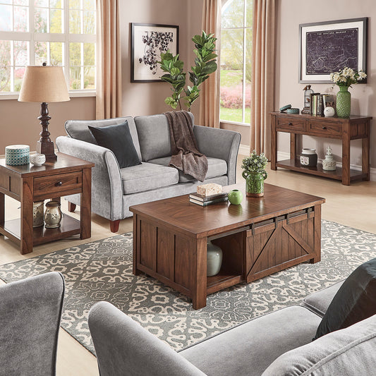 Barn Door Table with Storage - Brown Cherry Finish, End Table, Coffee Table, and Sofa Table Set