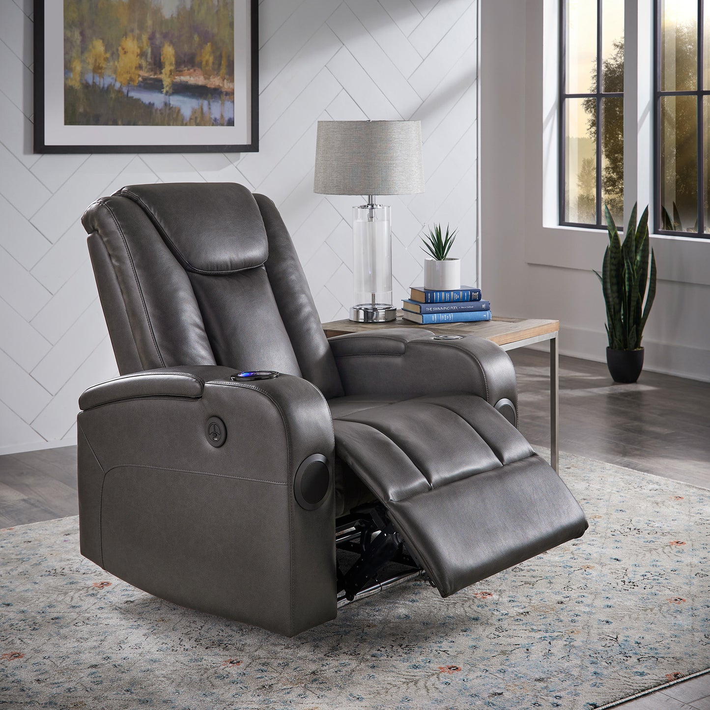 Gray Vegan Leather LED Power Recliner with Speaker, Storage, USB and Wireless Charger