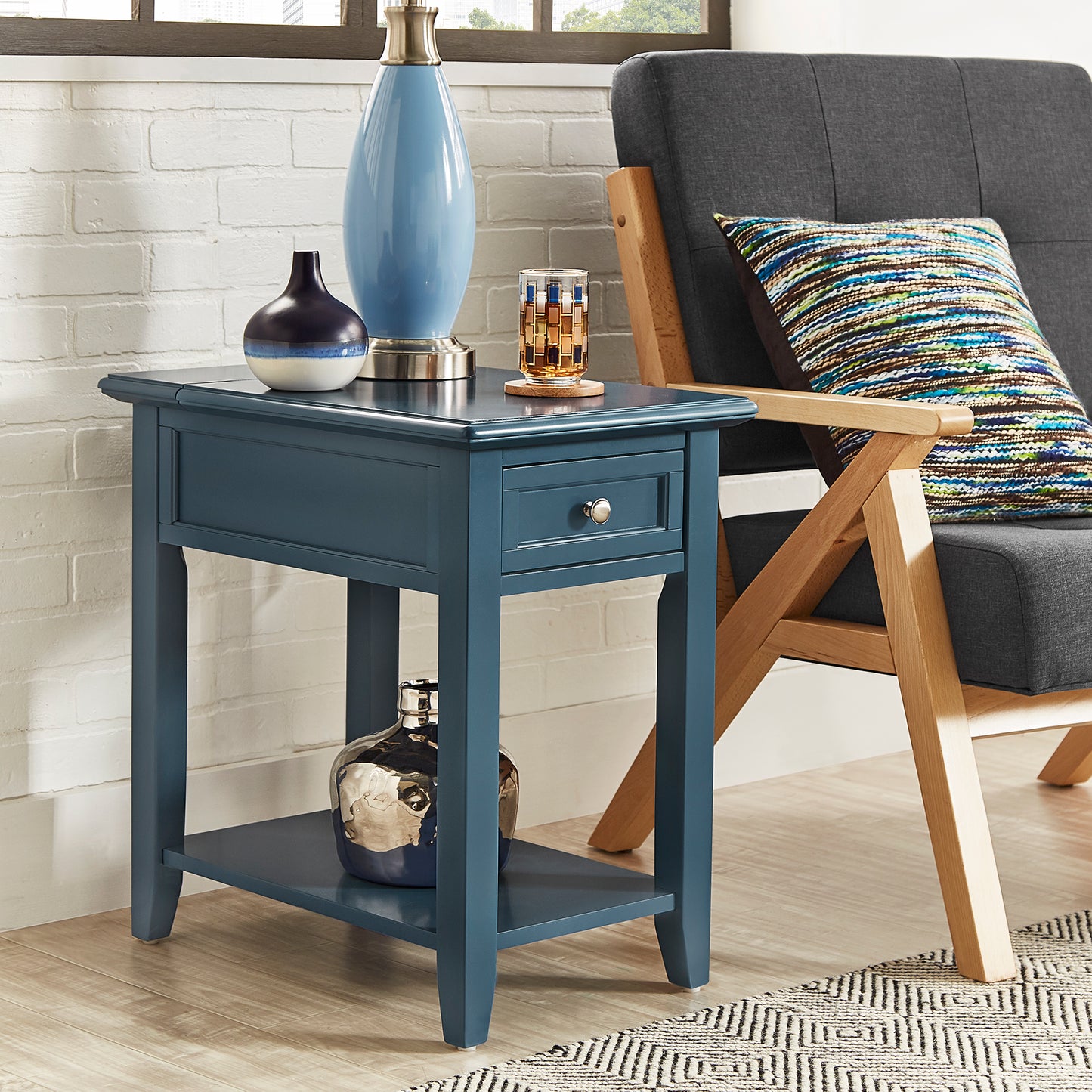 1-Drawer Side Table with Charging Station - Blue Steel