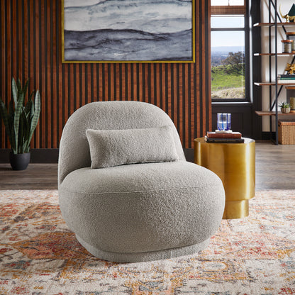 Modern Boucle Lounge Chair with Rounded Design and Lumbar Pillow - Light Gray Chair with Light Gray Pillow