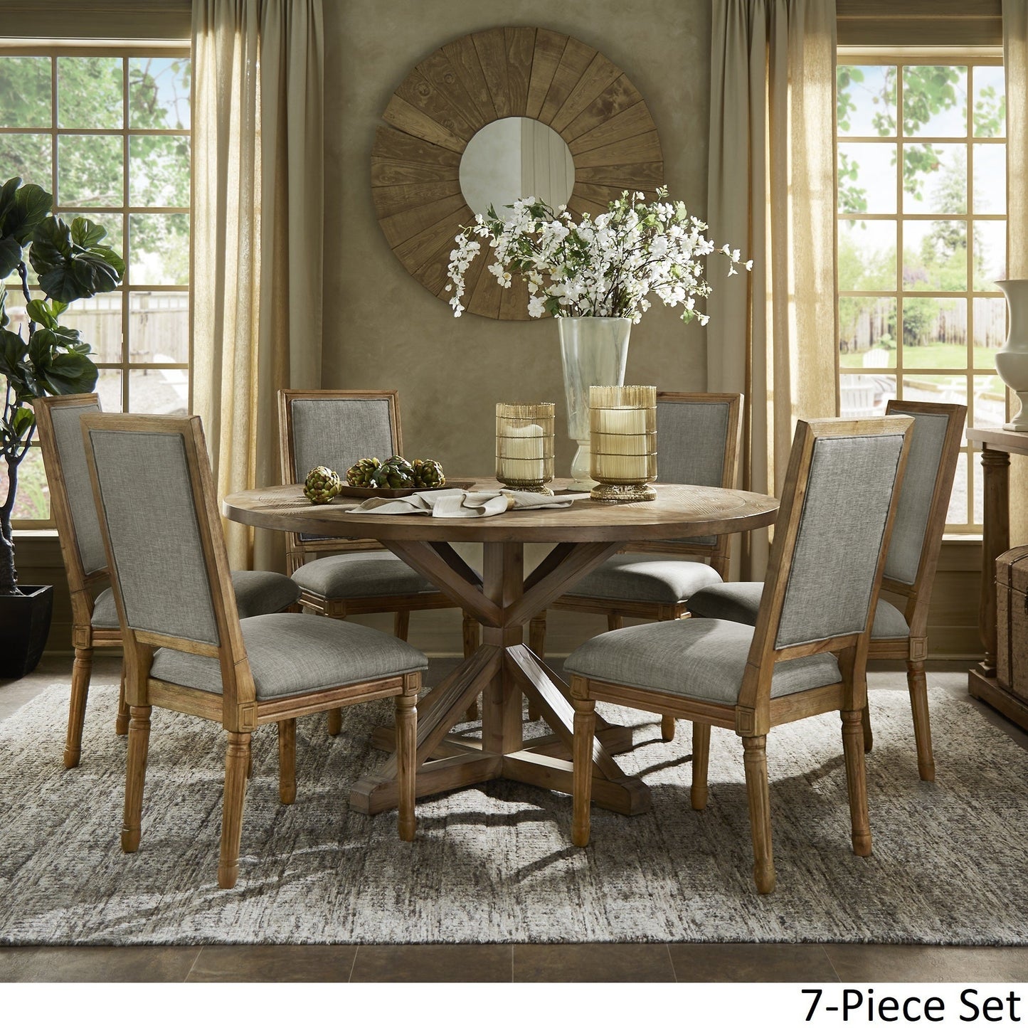 Round 7-Piece Dining Set - Gray Linan, Ractangular Chair Backs