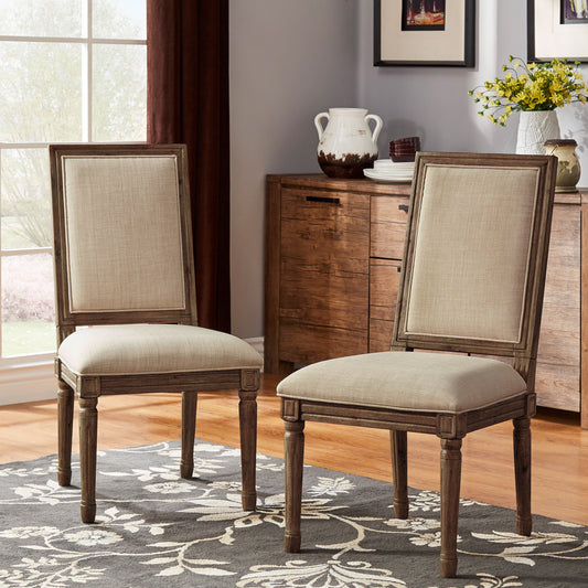 Rectangular Linen and Wood Dining Chairs (Set of 2) - Beige Linen, Brown Finish