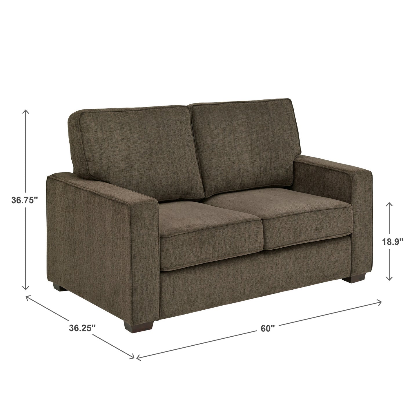 Modern Fabric Upholstered Square Arm Sofa - Loveseat, Brown Chenille Fabric