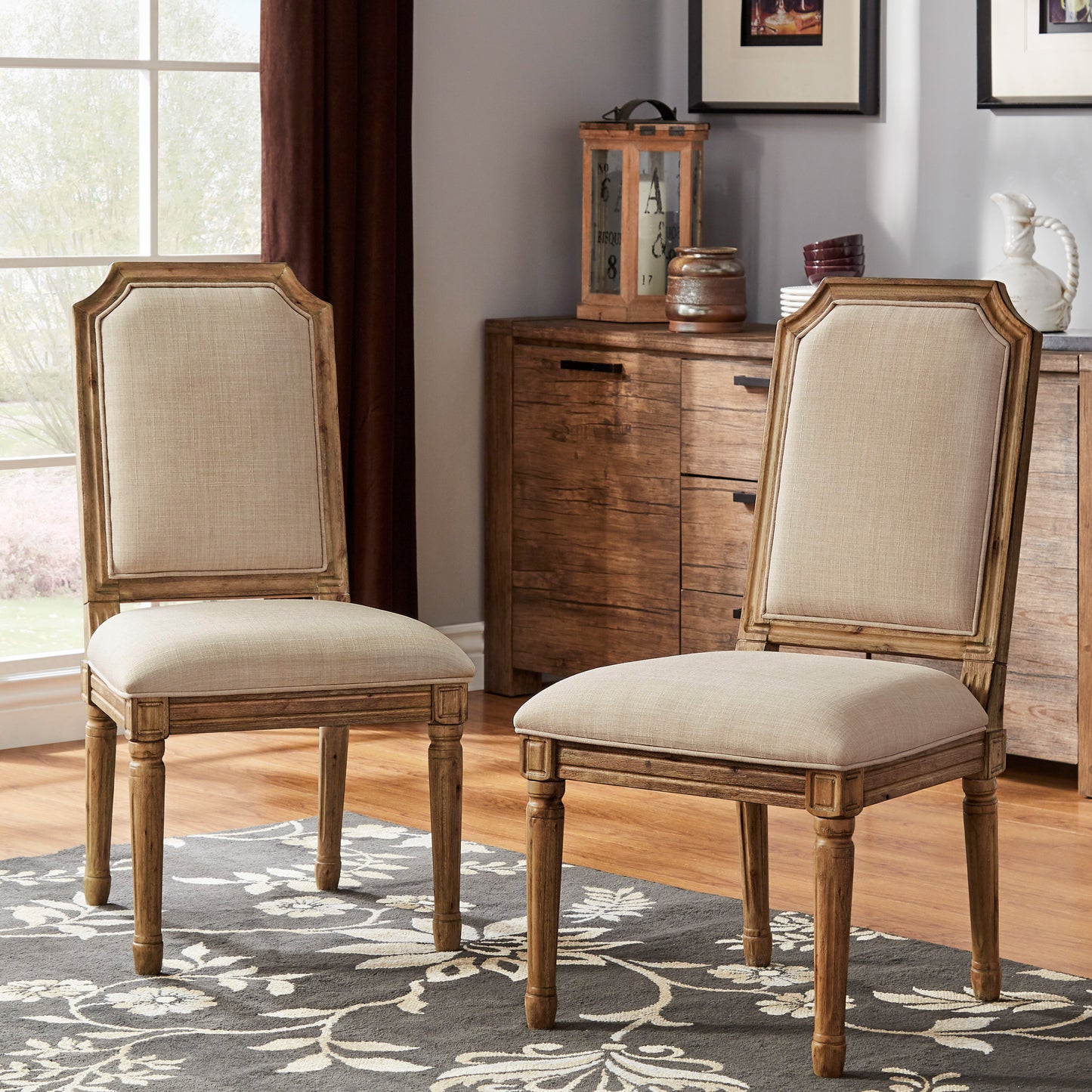 Arched Linen and Wood Dining Chairs (Set of 2) - Beige Linen, Natural Finish