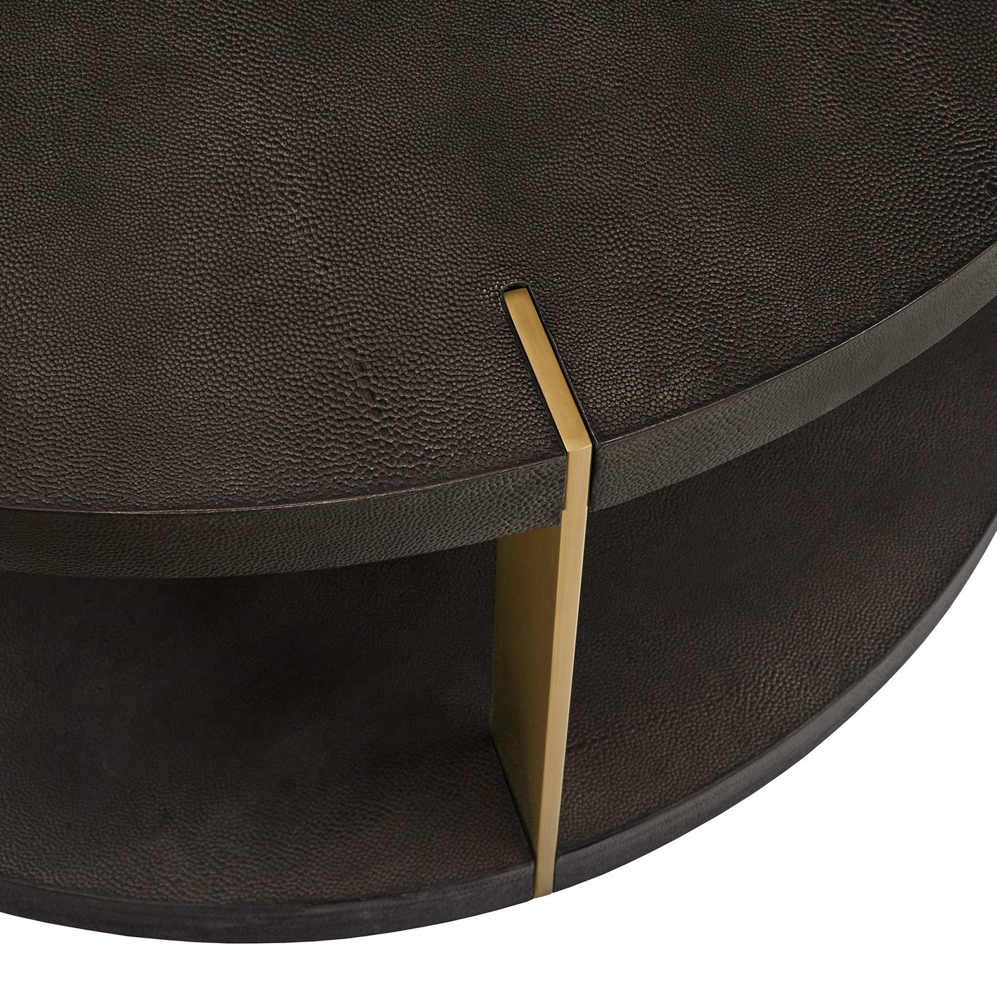 Gold Finish Metal Dark Brown Faux Shagreen Round Table - Dark Brown, Coffee Table