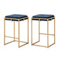 Gold Finish Velvet Button Tufted Bar Stools (Set of 2) - Blue Velvet, 24" Counter Height