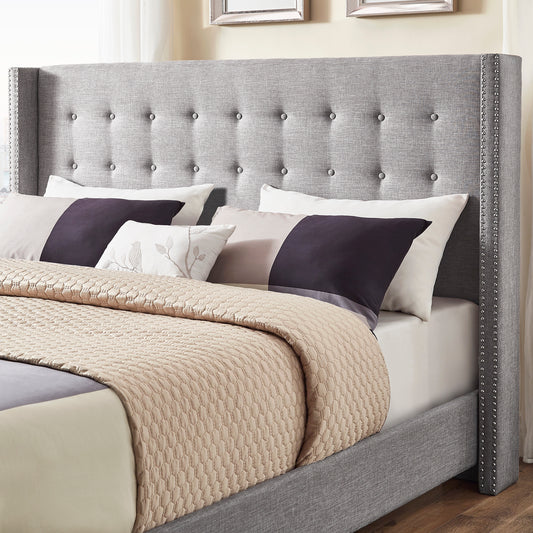 Tufted Linen Wingback Bed - Gray Linen, King