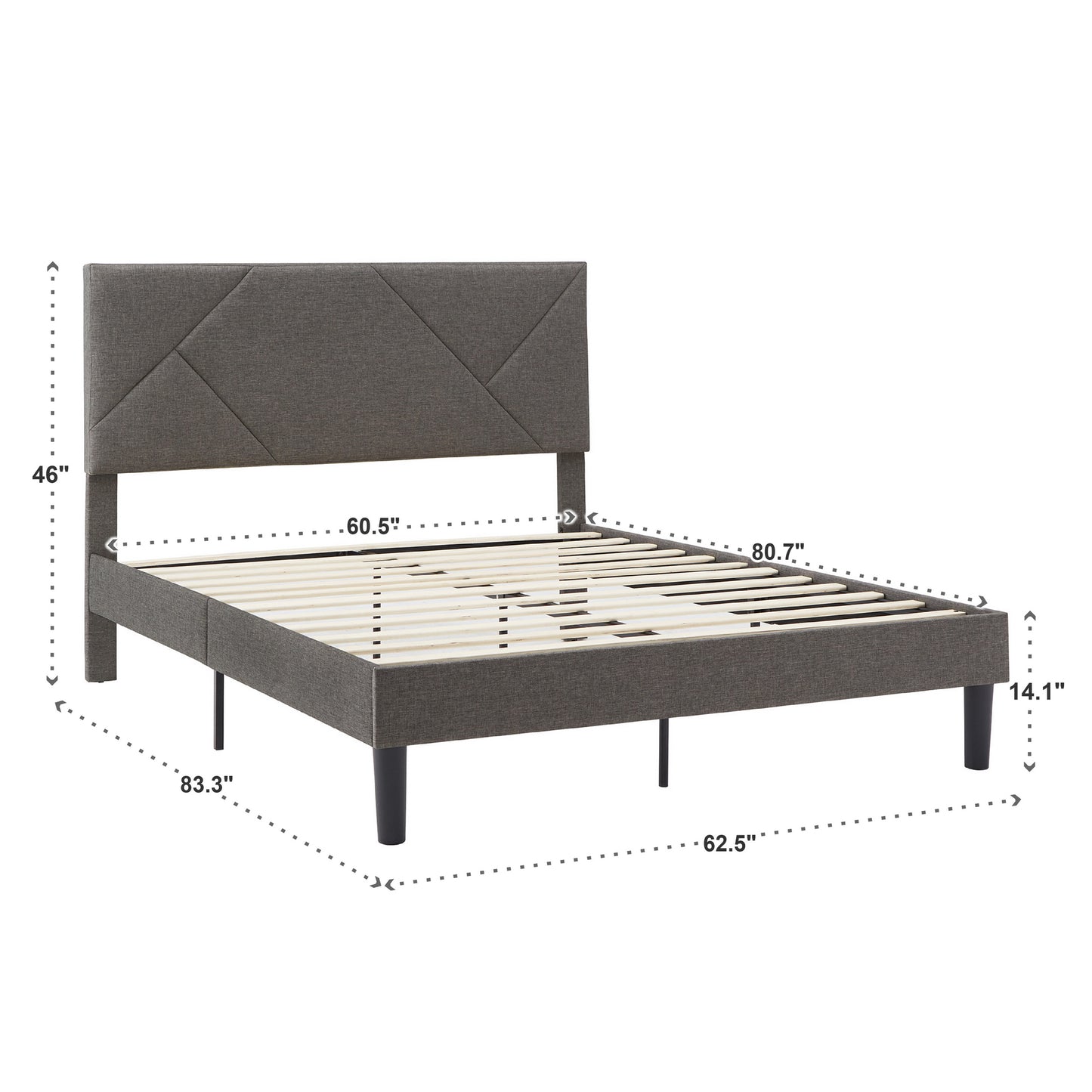 Upholstered Platform Bed with Geometric Headboard - Gray, Queen (Queen Size)