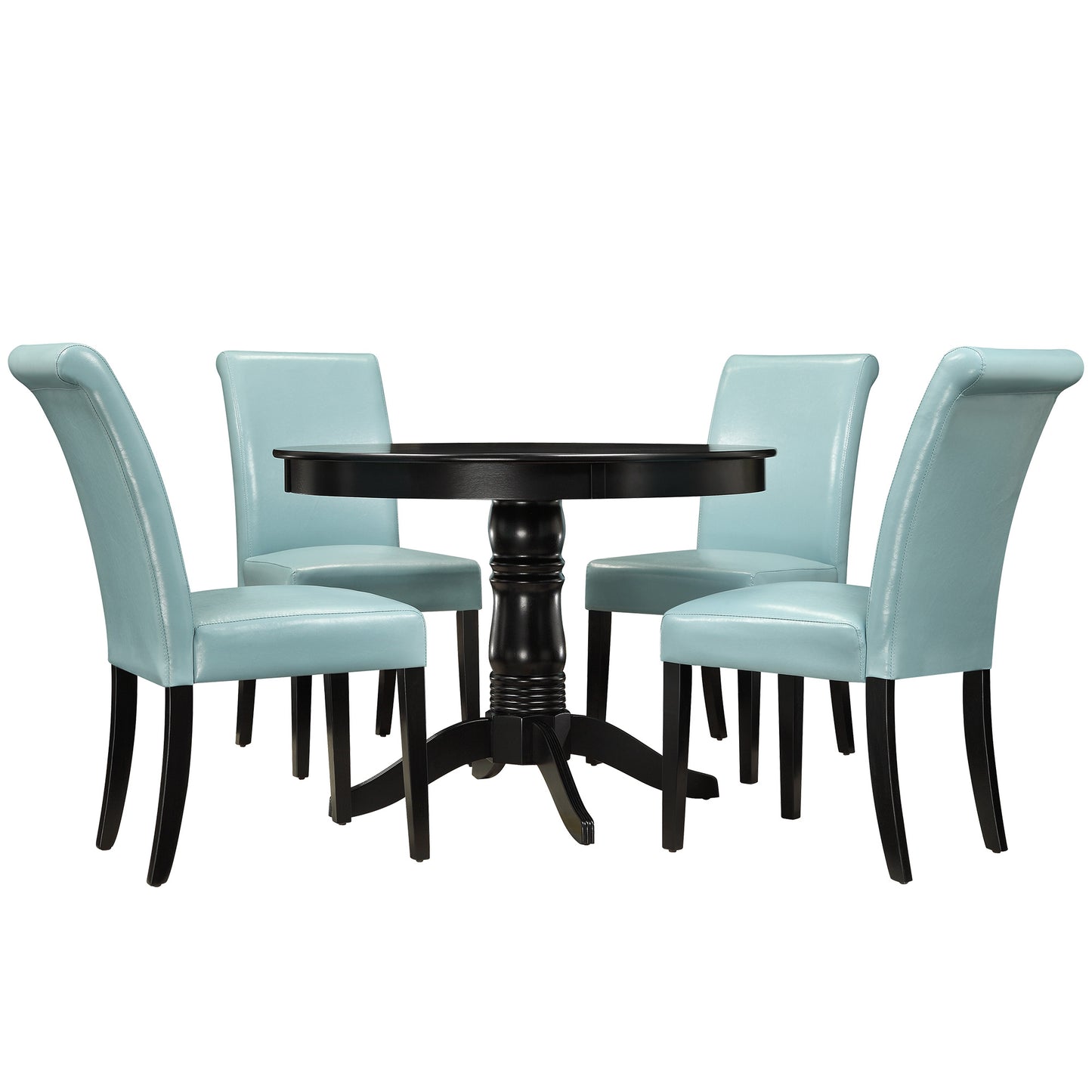 Faux Leather 5-Piece Dining Set - Blue Faux Leather, Round Dining Table