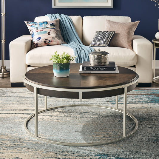 Round Table with Metal Base - Dark Walnut Finish, Round Coffee Table