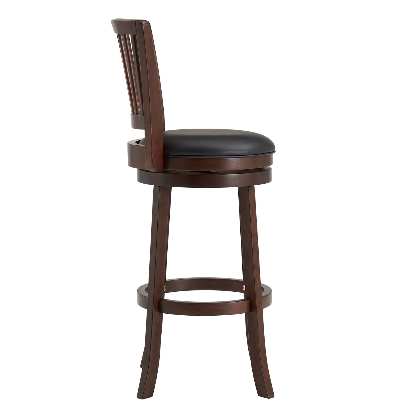 Slat Back Swivel Chair - 29" Bar Height, Dark Cherry, Black Faux Leather