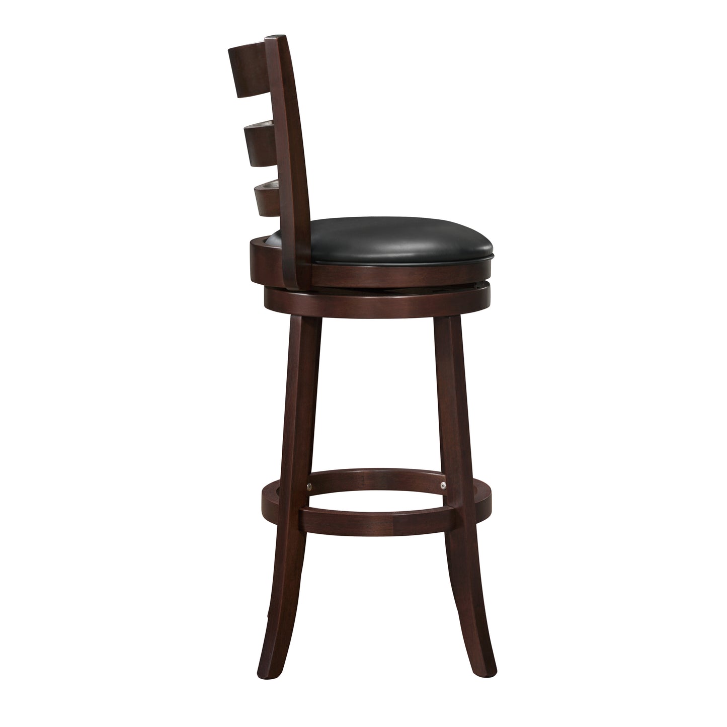 Ladder Back 29"H Swivel Bar Stool - Dark Cherry Finish, Black Faux Leather