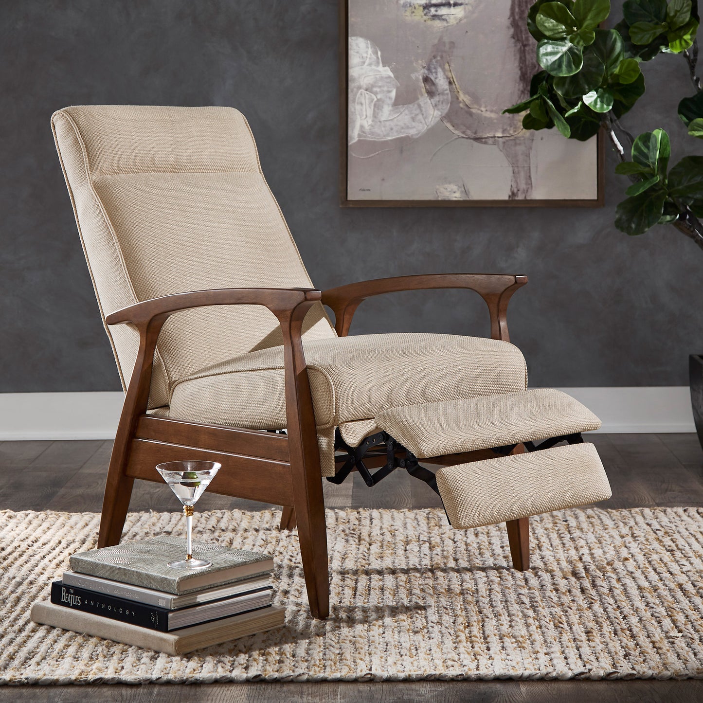 25.75" Wide Mid-Century Modern Recliner - Walnut Finish and Beige Fabric