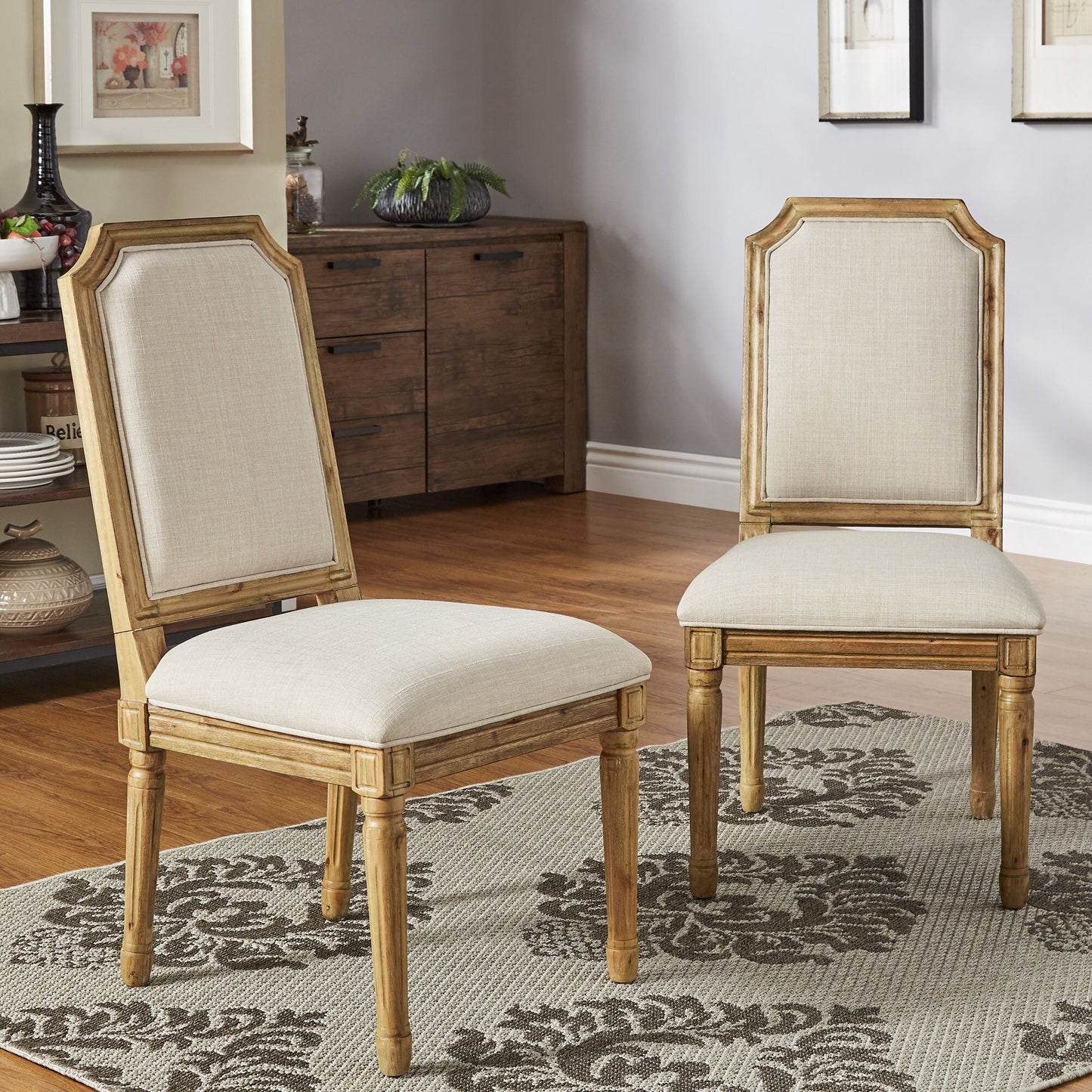 Round 5-Piece Dining Set - Beige Linen, Arched Bridge Chair Backs